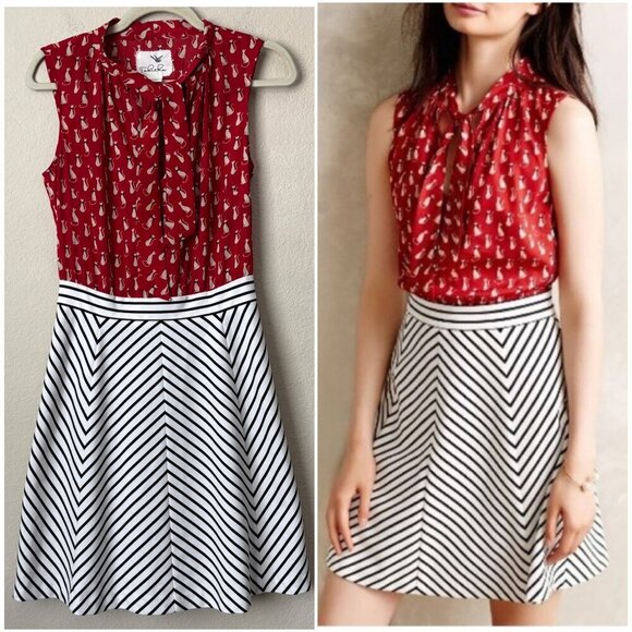 Anthropologie Dresses & Skirts - Anthropologie Tabitha Cat Gatto Printed Novelty Dress Striped Tie Neck HTF Rare